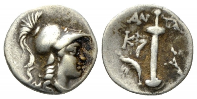 Caria, Kaunos Hemidrachm circa 166-150, AR 13mm., 1.21g. Helmeted head of Athena...