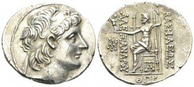 The Seleucid Kings, Damascus Tetradrachm circa 124-123, AR 30mm., 16.40g. Diademed head r. Rev. Zeus Nikephoros seated l.; monograms to outer l. and b...