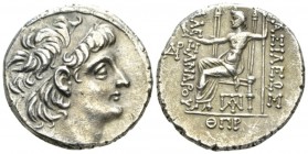 The Seleucid Kings, Damascus Tetradrachm circa 124-123, AR 26mm., 16.33g. Diademed head r. Rev. Zeus Nikephoros seated l.; monogram in outer l. field,...