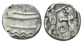 Samaria, Obol IV cent., AR 8mm., 0.72g. Sidonian galley l. over waves. Rev. Persian king fighting lion; O between. Meshorer and Qedar 199.

Toned, V...
