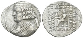 Parthia, Orodes II, 57-38 Seleukeia on the Tigris Tetradrachm circa 57-38, AR 31mm., 13.81g. Diademed bust l., neck torque ends in sea horse. Rev. Oro...