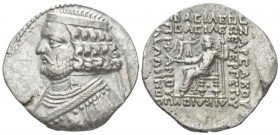 Parthia, Seleukeia on the Tigris Tetradrachm circa 57-38, AR 30mm., 12.17g. Diademed bust l., neck torque ends in sea horse. Rev. Orodes seated l., ho...