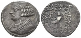 Parthia, Seleukeia on the Tigris Tetradrachm circa 57-38, AR 30mm., 12.36g. Diademed bust l., neck torque ends in sea horse. Rev. Orodes seated l., ho...