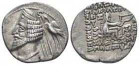 Parthia, Mithradatkart Drachm circa 38-2, AR 20mm., 2.88g. Diademed bust l.; behind, eagle l., holding wreath. Rev. Archer seated r. on throne, holdin...