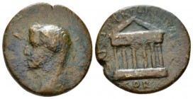 Corinthia, Corinth Tiberius, 14-37 Bronze circa 32-33, Æ 20.5mm., 7.11g. Laureate head l. Rev. Exastyle temple, on the Architrave GENT IVLI (partial i...