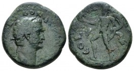 Corinthia, Corinth Domitian, 81-96 Bronze circa 81-96, Æ 20mm., 7.35g. Laureate head r. Rev. : Naked Heros (?), wearing Chlamy and holding sceptre (?)...