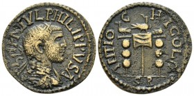 Pisidia, Antioch Philip I, 244-249 Bronze 244-249, Æ 25.5mm., 9.40g. Radiate, draped and cuirassed bust r. Rev. Vexillum between two standards. Krzyza...