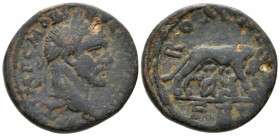 Syria, Laodicea Macrinus, 217-218 Bronze circa 217-218, Æ 28.5mm., 21.15g. Laureate head r. Rev. She-wolf r., suckling twins Remus and Romulus. BMC 98...