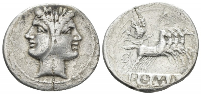 Quadrigatus circa 225-214, AR 24mm., 6.19g. Laureate Janiform head of Dioscuri. ...