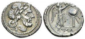 Anonymous issue Victoriatus after 218, AR 17.5mm., 3.24g. Laureate head of Jupiter r. Rev. Victory r., crowning trophy; between them, dot. In exergue,...