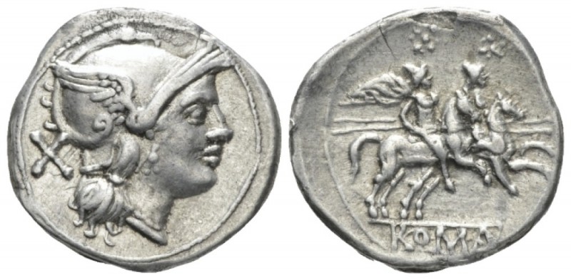 Denarius circa 214-213, AR 19.5mm., 4.27g. Helmeted head of Roma r.; behind, X. ...