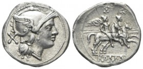 Denarius circa 214-213, AR 19.5mm., 4.27g. Helmeted head of Roma r.; behind, X. Rev. The Dioscuri galloping r.; in exergue, ROMA in raised letters wit...