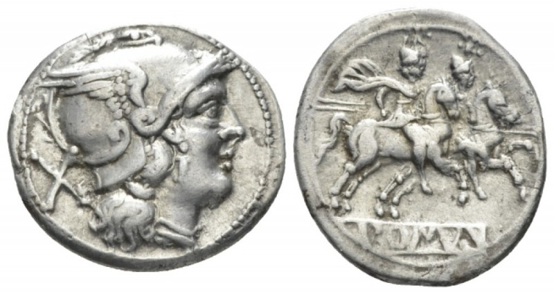 Anonymous issue Denarius circa 214-213, AR 17.5mm., 3.64g. Helmeted head of Roma...