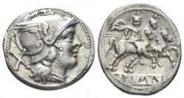 Anonymous issue Denarius circa 214-213, AR 17.5mm., 3.64g. Helmeted head of Roma r.; behind, X. Rev. The Dioscuri galloping r.; in exergue, ROMΛ in ra...