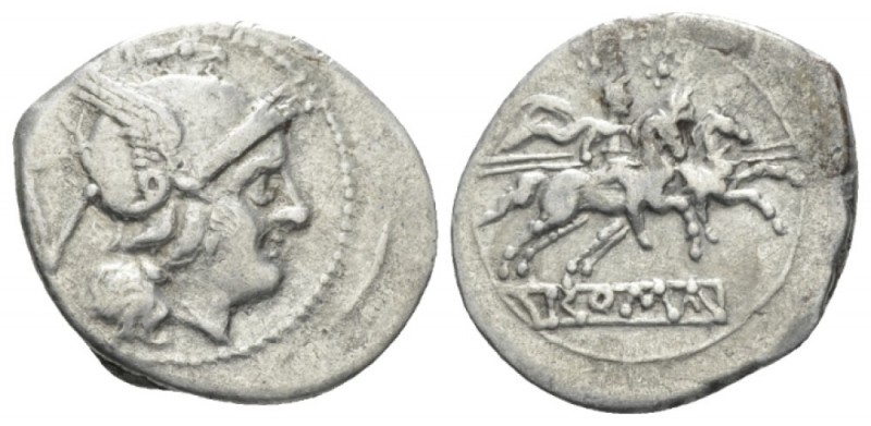 Quinarius circa 214-213, AR 17.5mm., 2.09g. Helmeted head of Roma r.; behind, V....