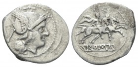 Quinarius circa 214-213, AR 17.5mm., 2.09g. Helmeted head of Roma r.; behind, V. Rev. The Dioscuri galloping r.; in exergue, ROMA in linear frame. Syd...