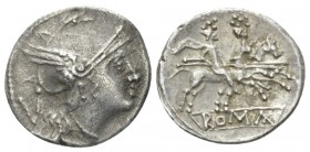 Quinarius uncertain mint after 211, AR 15.5mm., 1.86g. Helmeted head of Roma r.; behind, V. Rev. The Dioscuri galloping r.; in exergue, ROMA. Sydenham...