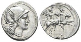 Denarius after 211, AR 19mm., 4.17g. Helmeted head of Roma r.; behind, X. Rev. The Dioscuri galloping r.; below, ROMA in partial frame. Sydenham 229. ...