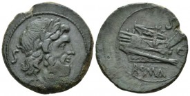 Semis Canusium circa 206-195, Æ 27mm., 12.28g. Laureate head of Saturn r.; behind, S and below, CA. Rev. Prow r.; above, S and before, CA horizontal. ...