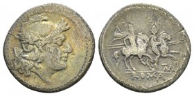 Quinarius Apulia (?) 211-210, AR 15.5mm., 1.91g. Helmeted head of Roma r.; behind, V. Rev. The Dioscuri galloping r.; below, TM ligate and ROMA in lin...
