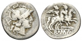 Denarius Central Italy (?) circa 211-208, AR 18mm., 3.55g. Helmeted head of Roma r.; behind, X. Rev. The Dioscuri galloping r.; below, knife and in ex...