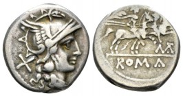Mat. Denarius circa 179-170, AR 17.5mm., 3.47g. Helmeted head of Roma r.; behind, X. Rev. The Dioscuri galloping r.; below, MAT ligate and ROMA in par...