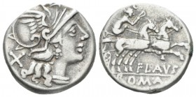 Decimius Flavus. Denarius circa 150, AR 17.5mm., 3.58g. Helmeted head of Roma r.; behind, X. Rev. Victory in biga prancing r.; below, FLAVS and ROMA i...