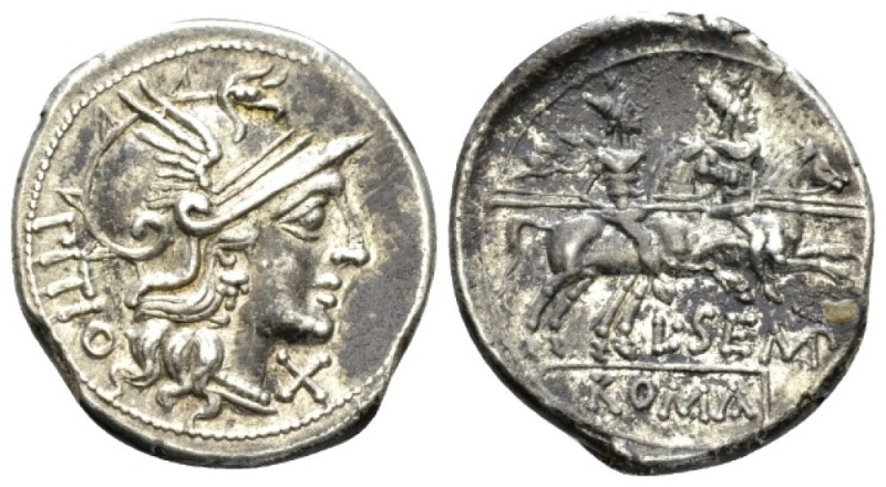 L. Sempronius Pitio. Denarius circa 148, AR 19mm., 4.21g. Helmeted head of Roma ...