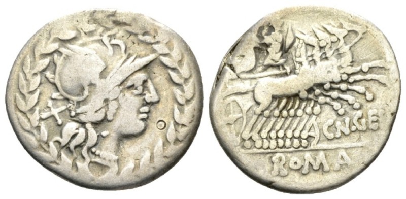 Cn. Gellius. Denarius circa 138, AR 20.5mm., 3.56g. Helmeted head of Roma r.; be...