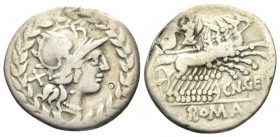 Cn. Gellius. Denarius circa 138, AR 20.5mm., 3.56g. Helmeted head of Roma r.; behind, X. All within laurel wreath. Rev. Warrior in quadriga r., holdin...