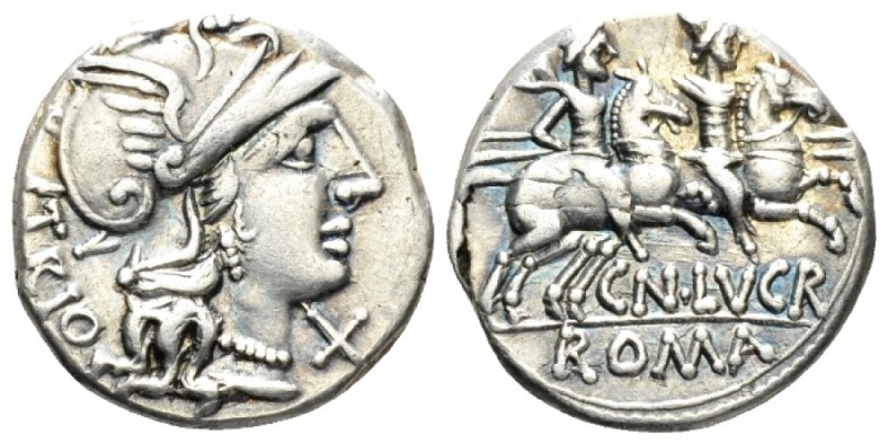 Cn. Lucretius Trio. Denarius circa 136, AR 18mm., 3.92g. Helmeted head of Roma r...