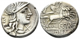 C. Curatius f. Tregeminus. Denarius circa 135, AR 17.5mm., 3.82g. Helmeted head of Roma r.; below chin, X. Behind, TRIG. Rev. Juno in quadriga r., hol...
