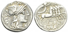 M. Aburius M. f. Gem. Denarius circa 132, AR 19.5mm., 3.77g. Helmeted head of Roma r.; below chin, * and behind, GEM. Rev. Sol in quadriga r., holding...