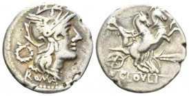 T. Cloelius Denarius circa 129, AR 19mm., 3.77g. Helmeted of Roma r.; behind, wreath and below, ROMA. Rev. Victory in prancing biga r.; below horses, ...