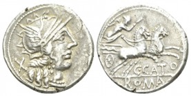 C. Porcius Cato. Denarius circa 123, AR 19mm., 3.87g. Helmeted head of Roma r.; behind, X. Rev. Victory in fast biga r.; below horses, C·CATO and in e...