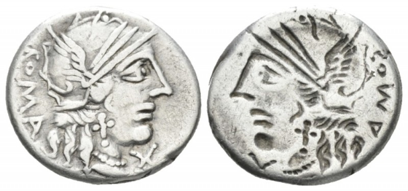 M. Fannius C.f. Denarius circa 123, AR 18mm., 3.74g. Helmeted head of Roma r.; b...