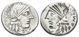 M. Fannius C.f. Denarius circa 123, AR 18mm., 3.74g. Helmeted head of Roma r.; behind, ROMA and below chin, X. Rev. the same in incuse. Babelon Fannia...