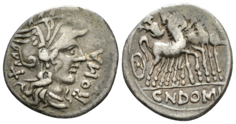 Cn Domitius Ahenobarbus. Denarius 116 or 115,, AR 19mm., 3.80g. Helmeted head of...