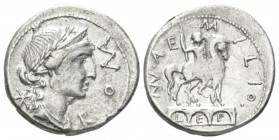 Man. Aemilius Lepidus. Denarius 114 or 113, AR 19mm., 3.86g. ROMA Laureate, diademed and draped bust of Roma r.; behind, *. Rev. MN·AE – MILIO. Equest...