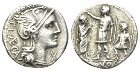 P. Porcius Laeca. Denarius 110 or 109, AR 18mm., 3.78g. Helmeted head of Roma r.; below chin, X. Behind, P·LAECA. Rev. Military governor standing l., ...