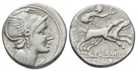 L. Flaminius Chilo. Denarius 109 or 108, AR 17.5mm., 3.95g. Helmeted head of Roma r.; behind, ROMA and below chin, X. Rev. Victory in prancing biga r....