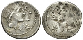 Denarius circa 108-107, AR 19.5mm., 3.86g. Jugate and laureate heads of the Dioscuri r; above, two stars and below chin, *. Rev. The same in incuse. B...
