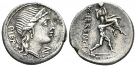 M. Herennius. Denarius 108 or 107, AR 20.5mm., 3.89g. PIETAS Diademed head of Pietas r.; before, B. Rev. M·HERENNI One of the Catanean brothers runnin...