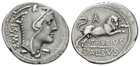 L. Thorius Balbus. Denarius 105, AR 21mm., 3.90g. Head of Juno Sospita r., wearing goat's skin; behind, I·S·M·R. Rev. Bull charging r.; above, F and b...