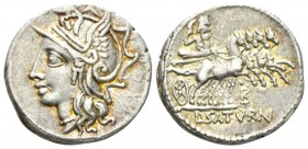 L. Appuleius Saturninus Denarius 104, AR 19.5mm., 4.00g. Helmeted head of Roma l. Rev. Saturn in quadriga r., holding reins and harpa; below horses, :...