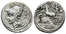 C. Coelius Caldus. Denarius 104, AR 18.5mm., 3.89g. Helmeted head of Roma l. Rev. Victory in prancing biga l.; above, S : and below, C·COIL. In exergu...