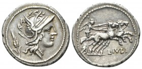 L. Iulius. Denarius 101, AR 20.5mm., 3.94g. Helmeted head of Roma; behind, corn-ear. Rev. Victory in prancing biga r.; below, L·IVLI. Babelon Julia 3....