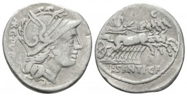 L. Sentius C. f. Denarius 101, AR 20mm., 3.79g. Helmeted head of Roma r.; behind, ARG PVB. Rev. Jupiter in prancing biga r.; above horses, N. In exerg...
