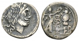 P. Vettius Sabinus. Quinarius 99, AR 14.5mm., 1.67g. Laureate head of Jupiter r.; behind, control letter. Rev. Victory r., crowning trophy; between, P...