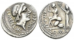 C. Publicius Malleolus, A. Postumius Sp. f. Albinus and L. Metellus. Denarius 96 (?), AR 20mm., 3.83g. L·METEL – A·ALB·S·F Laureate head of Apollo r.;...